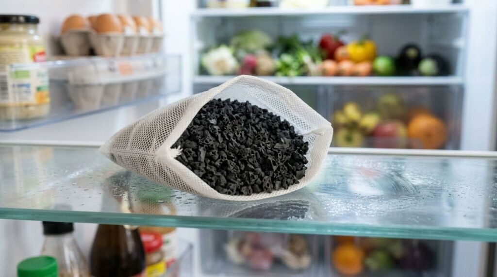 A estrutura porosa do carvão ativado favorece a adsorção de compostos voláteis, mas não substitui a limpeza da geladeira