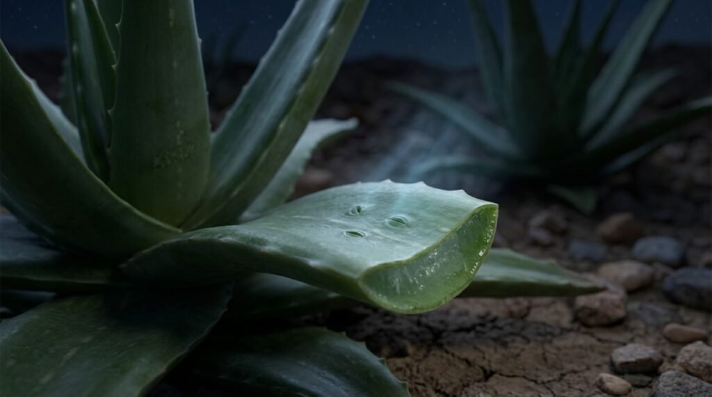 Na babosa Aloe vera, o metabolismo CAM favorece a economia de água e explica por que a planta não libera umidade suficiente para controlar o ar do quarto