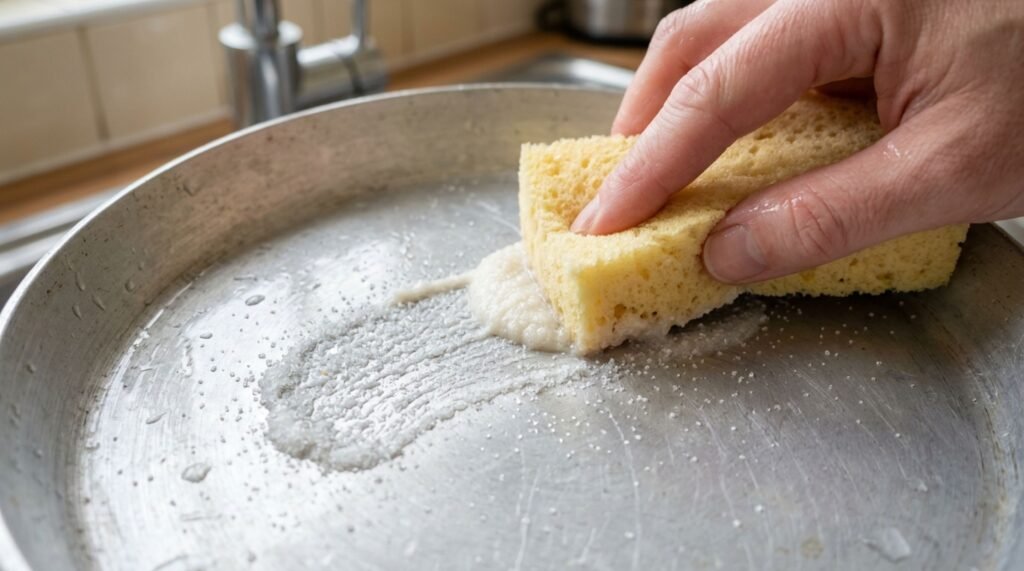 A imagem mostra como o açúcar refinado acrescenta ação mecânica ao sabão durante a limpeza da panela de alumínio, com pressão leve para reduzir o risco de micro-riscos