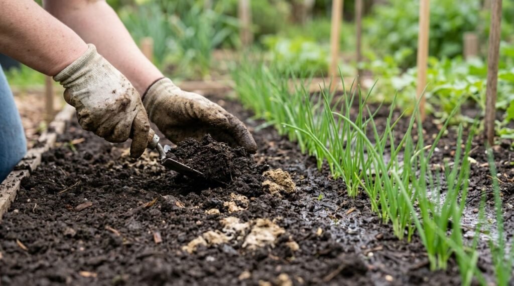 A imagem destaca o uso correto de esterco de galinha curtido na produção de cebolinha (Allium fistulosum), incorporado ao solo para fornecer nutrientes sem expor as raízes ao material fresco