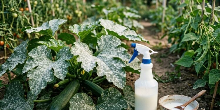 Leite contra oídio em folhas de abobrinha e pepino