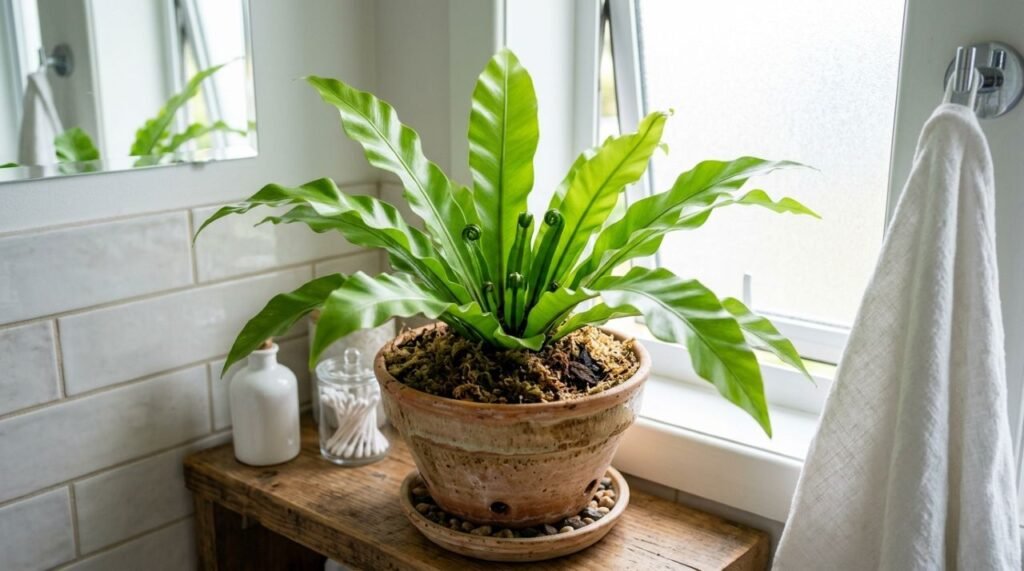 A imagem destaca as condições que favorecem o asplênio no banheiro, com umidade, luz indireta e ventilação adequadas sem sugerir efeito de purificação ou desinfecção do ar