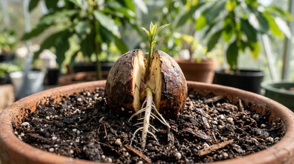 Durante a germinação do abacateiro, a raiz principal cresce para baixo enquanto o broto emerge pela parte superior do caroço