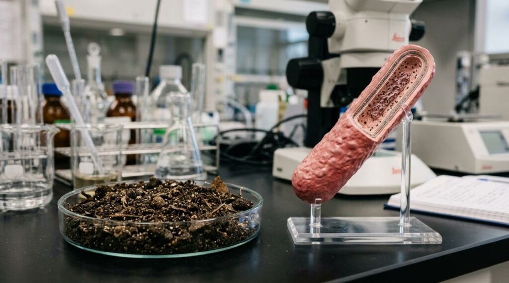Amostra de solo com representação da bactéria ambiental Mycobacterium vaccae