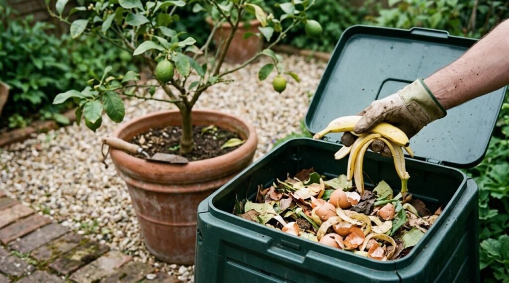 Casca de banana compostada para nutrir limoeiros