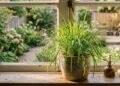 Vaso com touceira de citronela Cymbopogon nardus no parapeito de uma janela iluminada