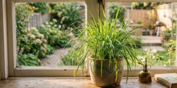 Vaso com touceira de citronela Cymbopogon nardus no parapeito de uma janela iluminada