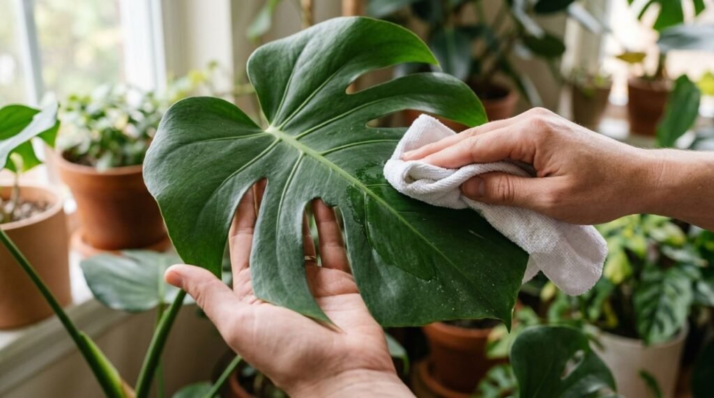 A técnica mais segura para limpar folhas grandes e lisas combina apoio por baixo, pano úmido e movimentos suaves que preservam a superfície vegetal