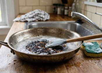Uma panela queimada pode ser recuperada com menos risco quando a crosta é primeiro amolecida e o método de limpeza é escolhido de acordo com o material