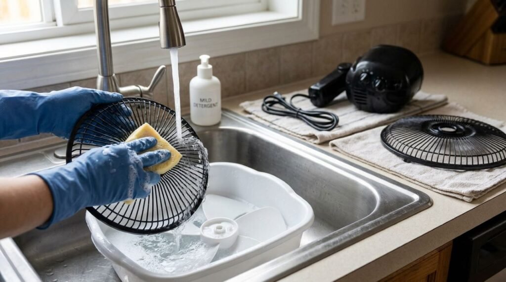 Grades e hélices removíveis podem receber limpeza separada quando o fabricante permite, mas precisam secar completamente antes de voltar ao ventilador