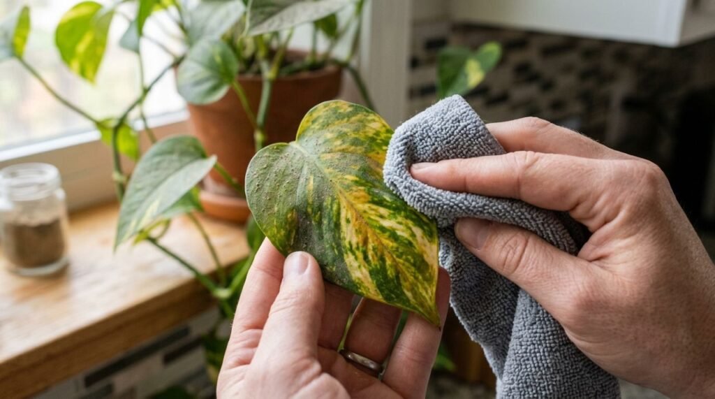 A imagem mostra que partículas e resíduos podem se depositar nas folhas da jiboia (Epipremnum aureum), exigindo limpeza periódica sem transformar a planta em substituta de coifa ou exaustor