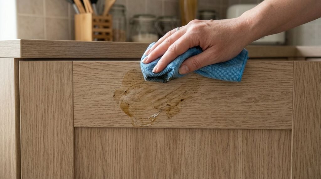 Em MDF e laminados, remover a gordura por pequenas áreas e secar logo depois ajuda a evitar que a umidade alcance bordas e emendas