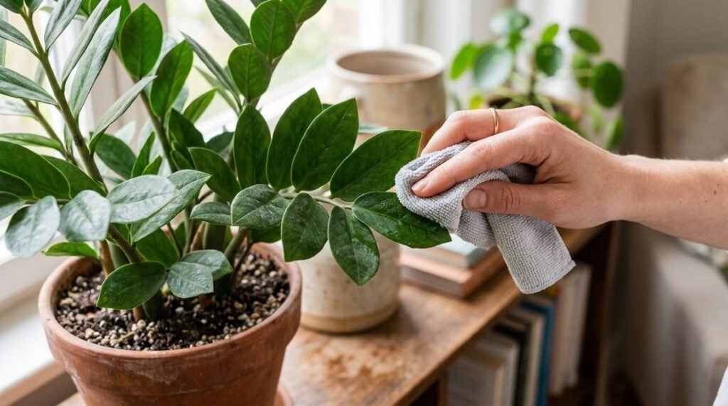 A imagem destaca a limpeza correta das folhas da zamioculca (Zamioculcas zamiifolia), retirando fisicamente a poeira acumulada para preservar o aspecto brilhante e a superfície foliar limpa