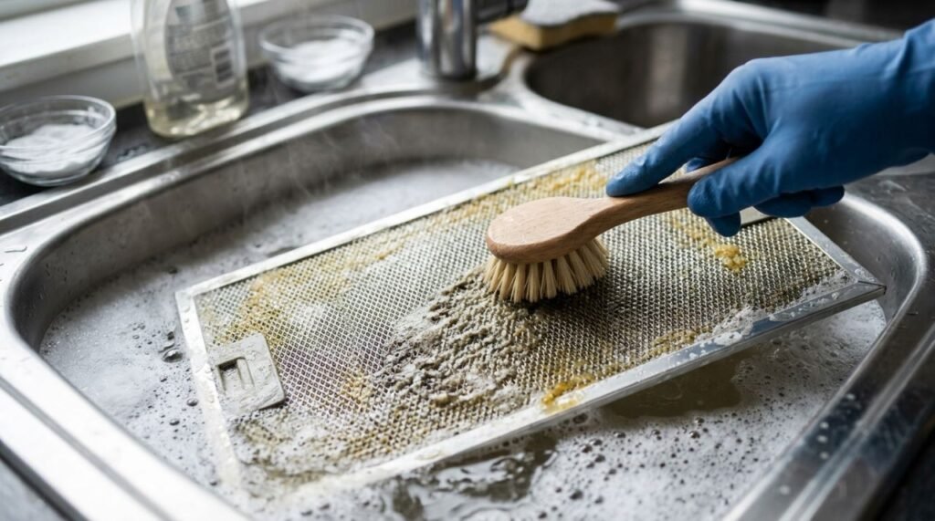 A imagem destaca como água quente e detergente ajudam a amolecer e dispersar a gordura do filtro da coifa, enquanto o bicarbonato atua apenas como complemento da limpeza