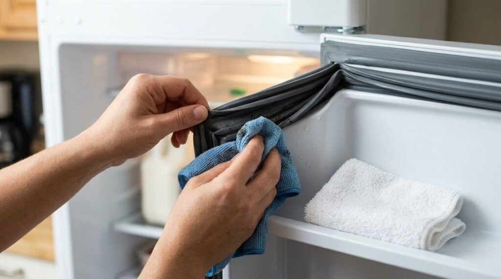 Abrir as dobras com cuidado, remover o detergente e secar completamente ajuda a evitar sujeira e umidade acumuladas na borracha da geladeira