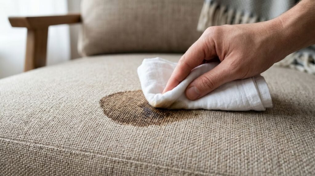 Na limpeza de sofá, tratar manchas com pouca umidade e sem esfregar ajuda a reduzir halos, espalhamento da sujeira e penetração de líquido nas camadas internas