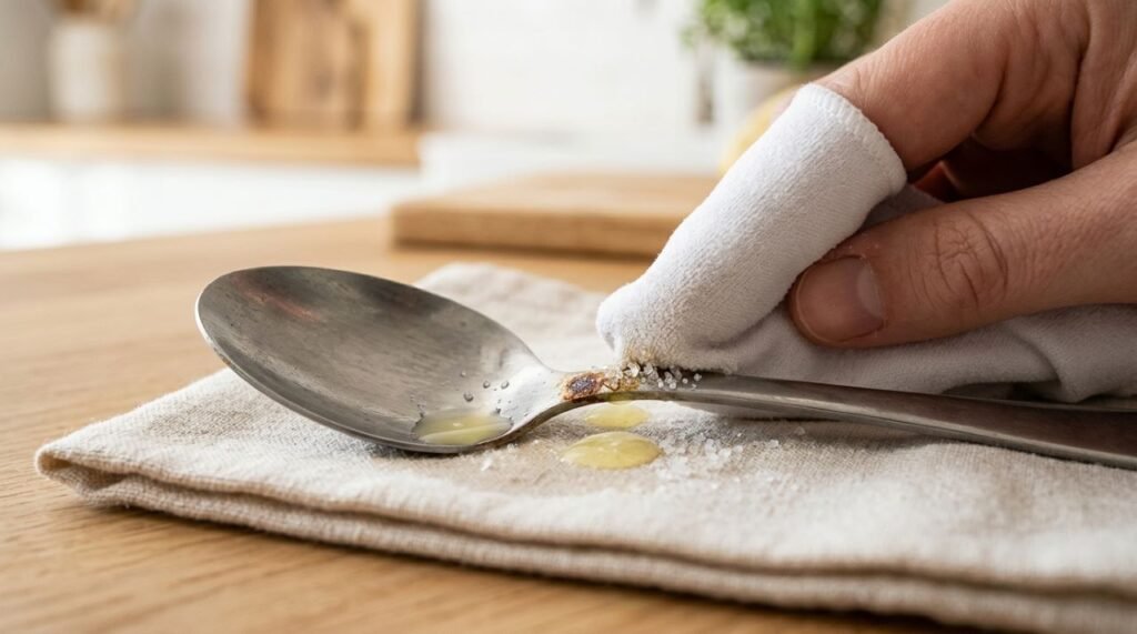 A imagem destaca a ação do ácido cítrico do limão sobre a oxidação superficial, com abrasão leve do sal e enxágue imediato para evitar resíduos de cloretos no inox