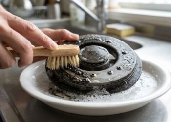 A imagem destaca como o molho em água quente com detergente ajuda a amolecer a gordura queimada das bocas do fogão sem danificar ou ampliar os orifícios responsáveis pela chama