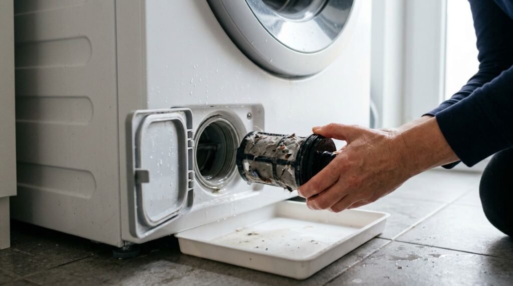 Em modelos compatíveis, o filtro de drenagem pode reter fiapos e pequenos objetos e deve ser limpo seguindo exatamente o acesso previsto no manual do aparelho