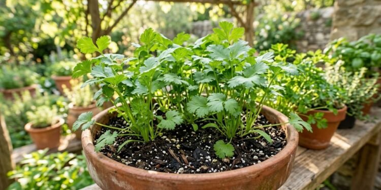 O coentro em vaso mantém melhor a produção de folhas quando recebe boa luz, umidade regular e espaço suficiente sem enfrentar calor excessivo