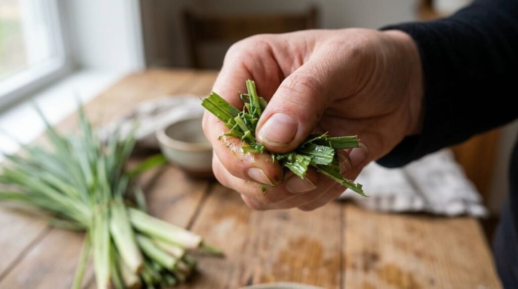 Folhas amassadas de citronela verdadeira liberam temporariamente mais compostos aromáticos, embora isso não substitua repelentes regularizados