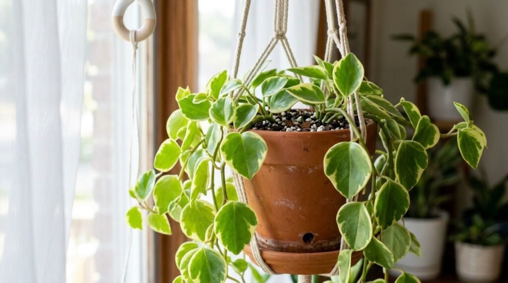 A imagem destaca as condições que favorecem a peperômia-pendente (Peperomia serpens), com luz indireta, drenagem adequada e proteção contra correntes intensas de ar seco