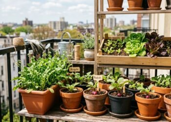 Uma horta em casa pode reunir rúcula, alface e rabanete em poucos recipientes quando há luz, drenagem e espaço adequado para cada cultivo