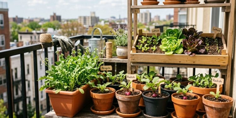 Uma horta em casa pode reunir rúcula, alface e rabanete em poucos recipientes quando há luz, drenagem e espaço adequado para cada cultivo