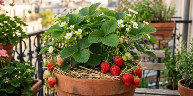 O morango em vaso pode florescer e frutificar por meses quando recebe boa luz, drenagem eficiente e manejo equilibrado da umidade