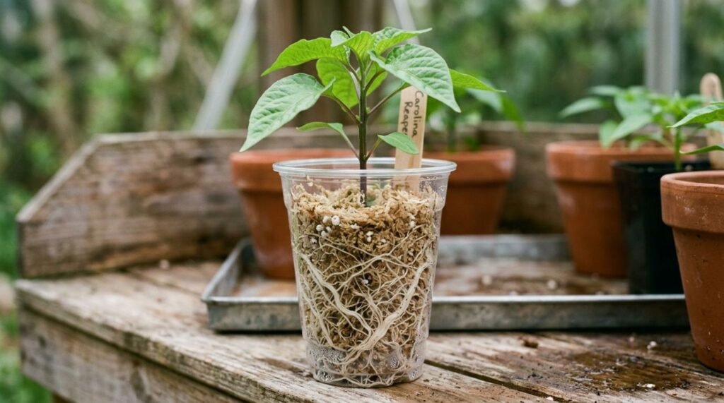 A imagem destaca a fase temporária de cultivo da Carolina Reaper (Capsicum chinense) em recipiente pequeno, mostrando por que drenagem adequada e transplante no momento certo são importantes para formar uma muda vigorosa