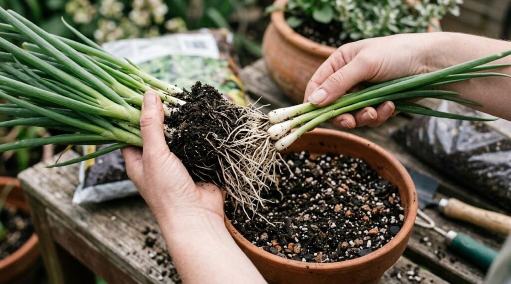 A divisão de touceiras de cebolinha permite formar novas mudas rapidamente, desde que as raízes sejam preservadas e replantadas corretamente