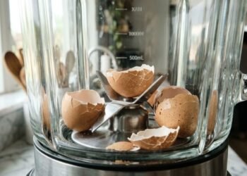 Cascas de ovo sobre o conjunto de lâminas metálicas de aço inoxidável dentro do liquidificador