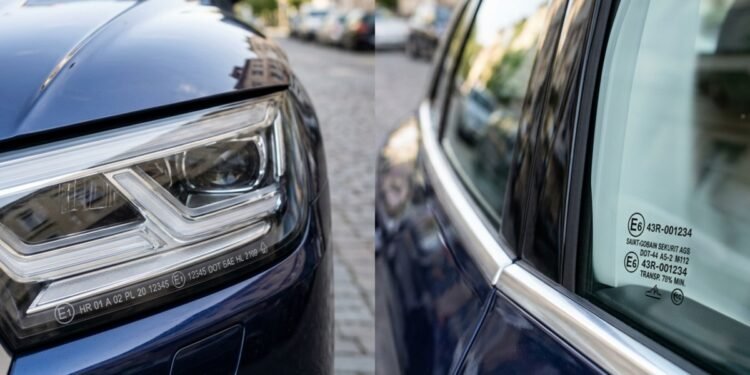 letra E seguida de um número gravada nos vidros e faróis dos carros