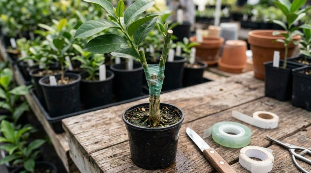 A imagem destaca como a enxertia permite combinar uma copa produtiva com um porta-enxerto escolhido por características específicas, incluindo a possibilidade de reduzir o vigor em determinadas combinações de citros