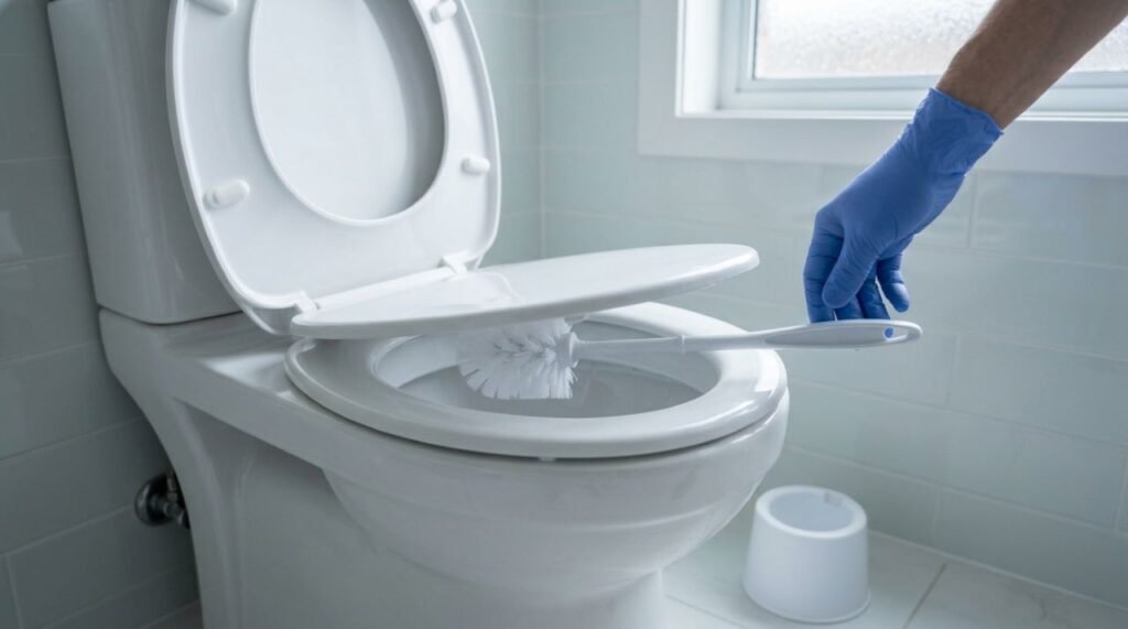 A imagem mostra uma forma prática de deixar a escova sanitária secar sobre o próprio vaso, reduzindo o acúmulo de umidade no suporte antes do armazenamento