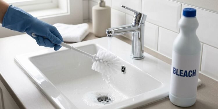 A limpeza da escova sanitária deve remover resíduos, permitir a desinfecção correta com produto compatível e evitar que as cerdas voltem molhadas para o suporte