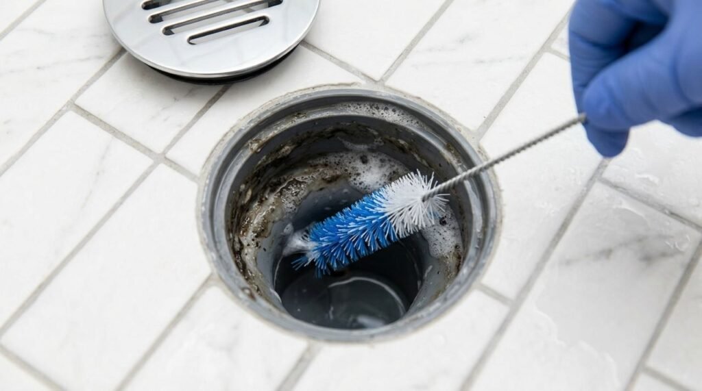 A imagem destaca como os surfactantes do sabão em pó, combinados com água morna e ação mecânica, ajudam a soltar oleosidade, restos de cosméticos e sabonete acumulados no ralo