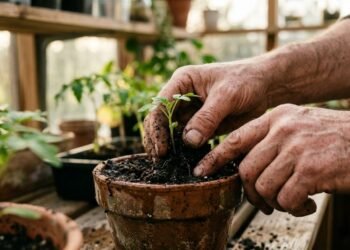 Mãos manuseando solo fértil ao redor de uma muda verde em vaso de cerâmica