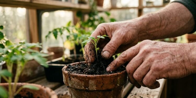 Mãos manuseando solo fértil ao redor de uma muda verde em vaso de cerâmica