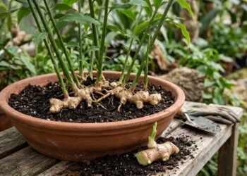 O gengibre em vaso nasce de pedaços de rizoma com gemas e se desenvolve lateralmente sob o substrato durante os meses de cultivo