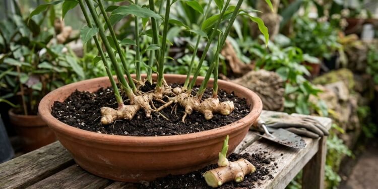 O gengibre em vaso nasce de pedaços de rizoma com gemas e se desenvolve lateralmente sob o substrato durante os meses de cultivo