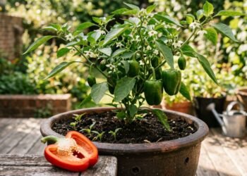 O cultivo de pimentão em vaso pode começar com sementes retiradas de um fruto maduro e avançar até flores e novos frutos com luz, drenagem e manejo adequados