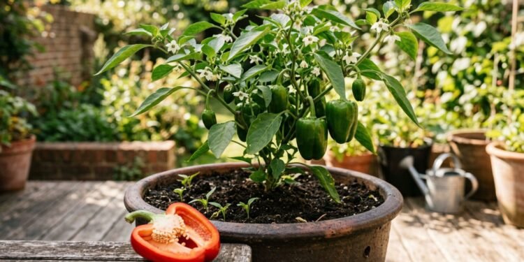 O cultivo de pimentão em vaso pode começar com sementes retiradas de um fruto maduro e avançar até flores e novos frutos com luz, drenagem e manejo adequados