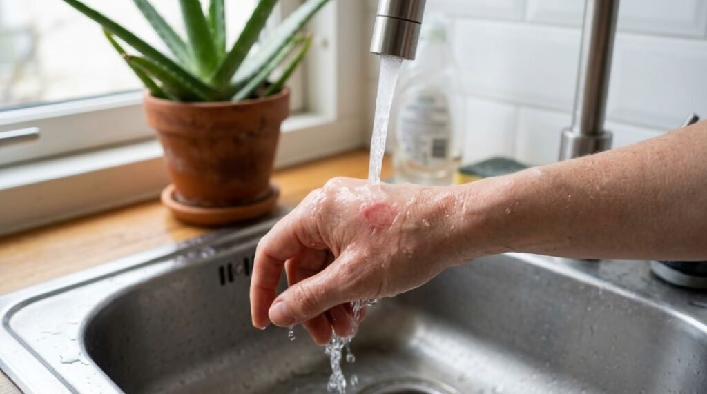 A imagem destaca que, diante de uma queimadura leve, o primeiro cuidado é resfriar a pele com água corrente antes de considerar qualquer produto com babosa (Aloe vera)