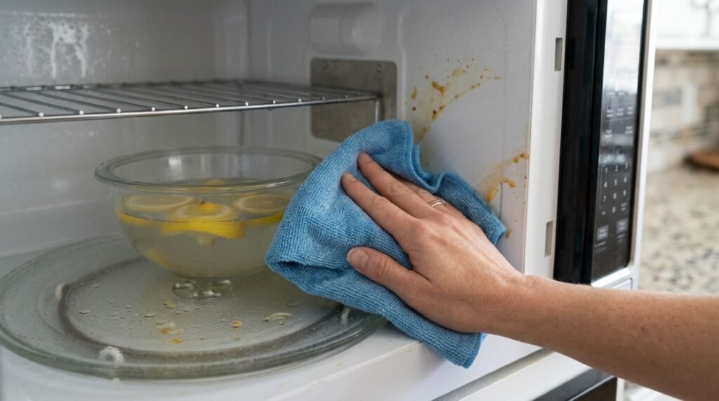 Depois do vapor, a sujeira aderida ao micro-ondas tende a amolecer e pode ser removida com pano macio sem abrasivos