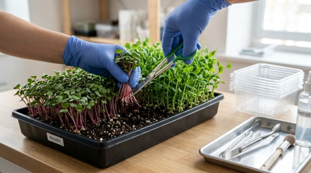 A colheita dos microverdes exige higiene, corte cuidadoso e sincronização com a entrega para preservar frescor e qualidade