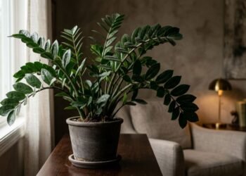 A zamioculca (Zamioculcas zamiifolia) pode acumular partículas de poeira sobre suas folhas, mas seu principal diferencial em ambientes internos é a resistência e a baixa exigência de manutenção