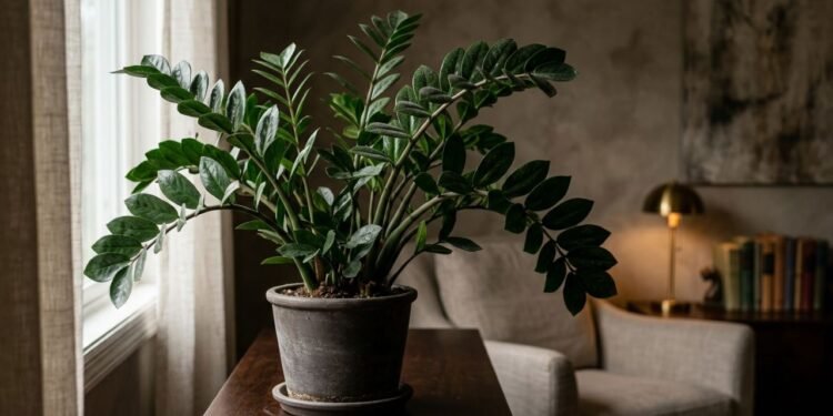 A zamioculca (Zamioculcas zamiifolia) pode acumular partículas de poeira sobre suas folhas, mas seu principal diferencial em ambientes internos é a resistência e a baixa exigência de manutenção