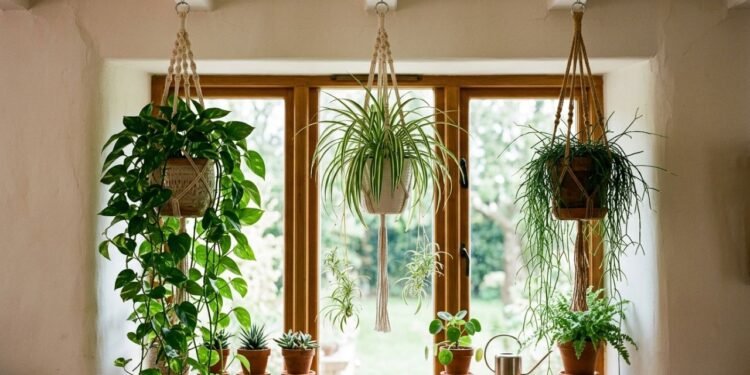 Plantas pendentes aproveitam paredes e áreas altas sem ocupar superfícies, desde que recebam luz adequada e tenham suportes compatíveis com o peso dos vasos
