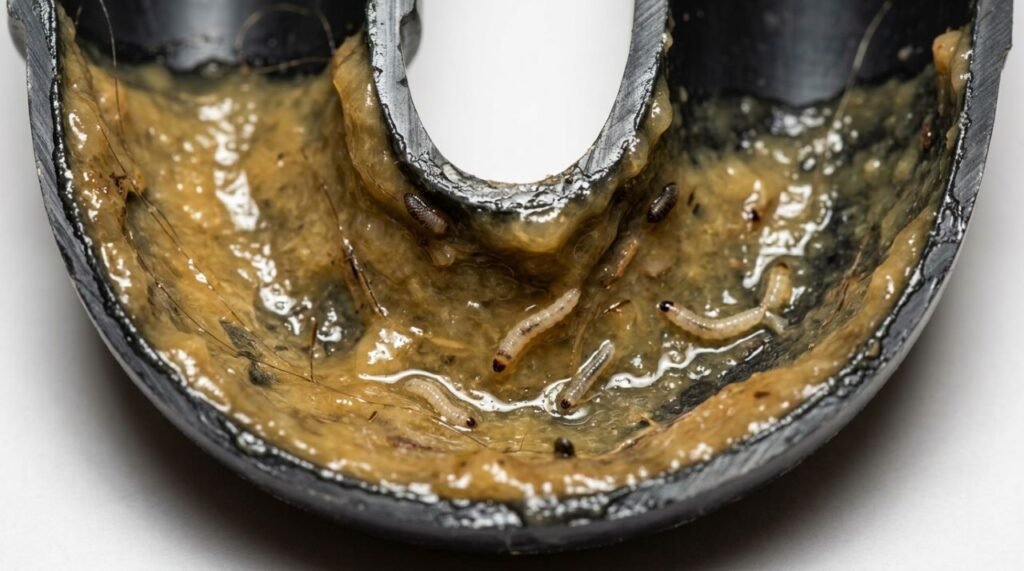 O biofilme acumulado nas paredes internas do ralo fornece alimento e abrigo para as larvas das mosquinhas do ralo